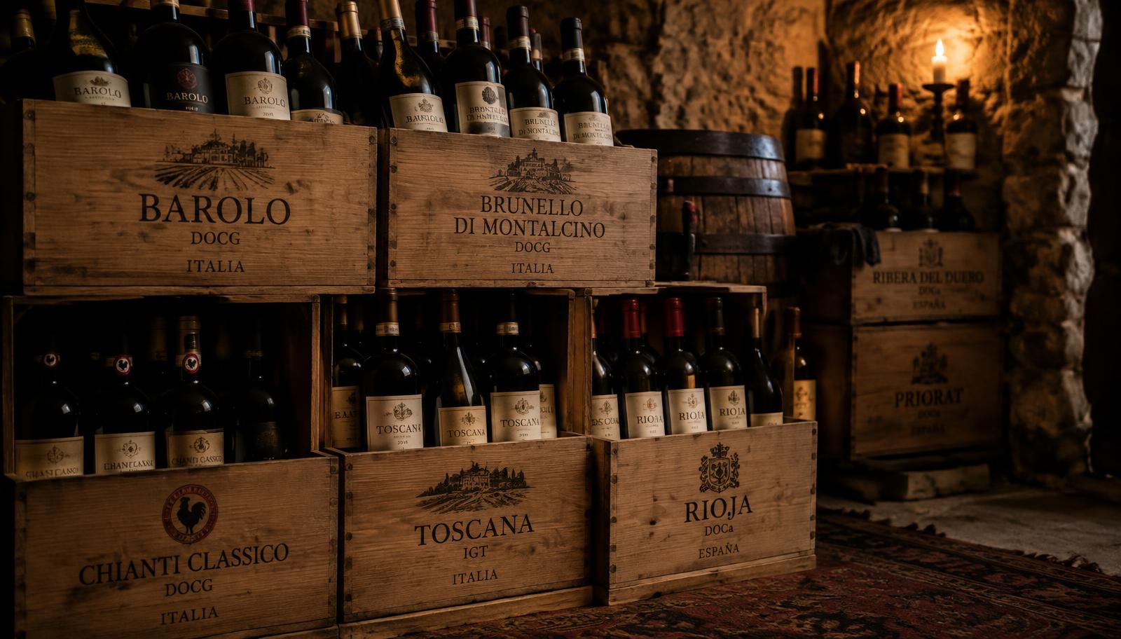 Vinkasser med italienske og spanske vine